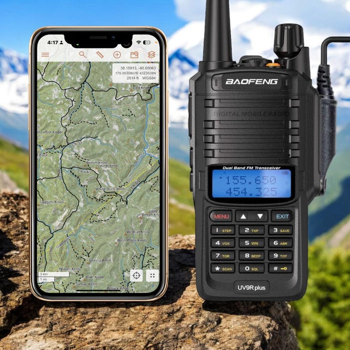 A black Baofeng UV-5RA radio with a digital display and a smartphone showing a Caltopo map application with a background of a mountainous landscape.