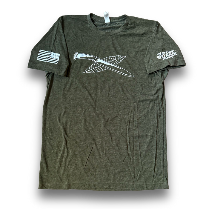 Heather OD Green T-Shirt ā A soft, breathable Nature Reliance School t-shirt in heather OD green, featuring a ribbed crewneck collar and durable stitching.