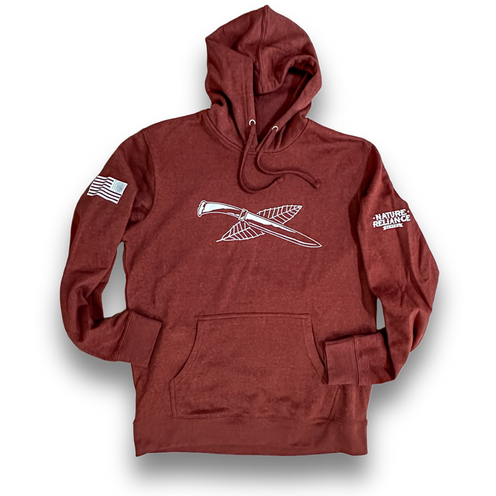 Rust-colored hoodie with jersey-lined hood and rib knit cuffs, made for warmth and durability.