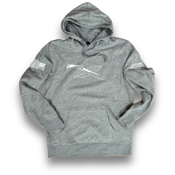 Gray fleece hoodie with a cotton/polyester blend, ideal for outdoor adventures and everyday wear.