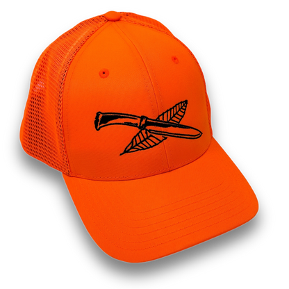Nature Reliance School trucker hat in bright orange with mesh back and low-profile design, featuring the NRS logo.