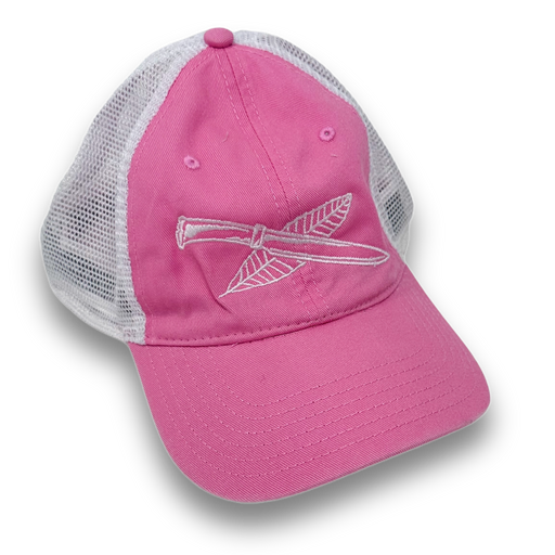Nature Reliance School trucker hat in pink with white mesh back, low-profile design, and NRS logo.