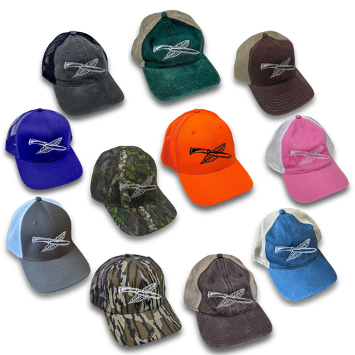 Nature Reliance School trucker hats in all 11 color variations: Dark Green/Khaki, Dark Brown/Khaki, Black/Black, Orange, Pink/White, Purple, Gray/White, Blue/White, Maroon/Khaki, Mossy Oak, and RealTree, showcasing low-profile design and NRS logo.