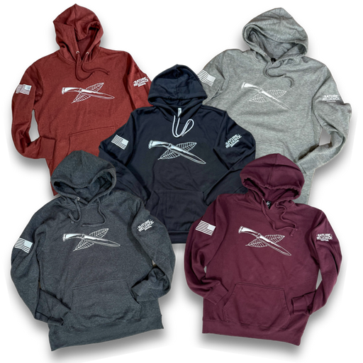 Collection of Nature Reliance School fleece hoodies in Maroon, Charcoal, White, Gray, Rust, and Black, designed for warmth, comfort, and durability