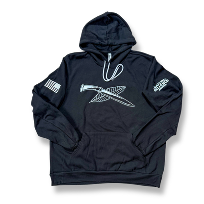 Classic black fleece hoodie with a soft interior, reinforced seams, and tear-away label for comfort.
