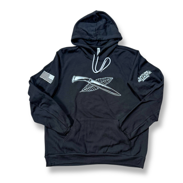 Classic black fleece hoodie with a soft interior, reinforced seams, and tear-away label for comfort.