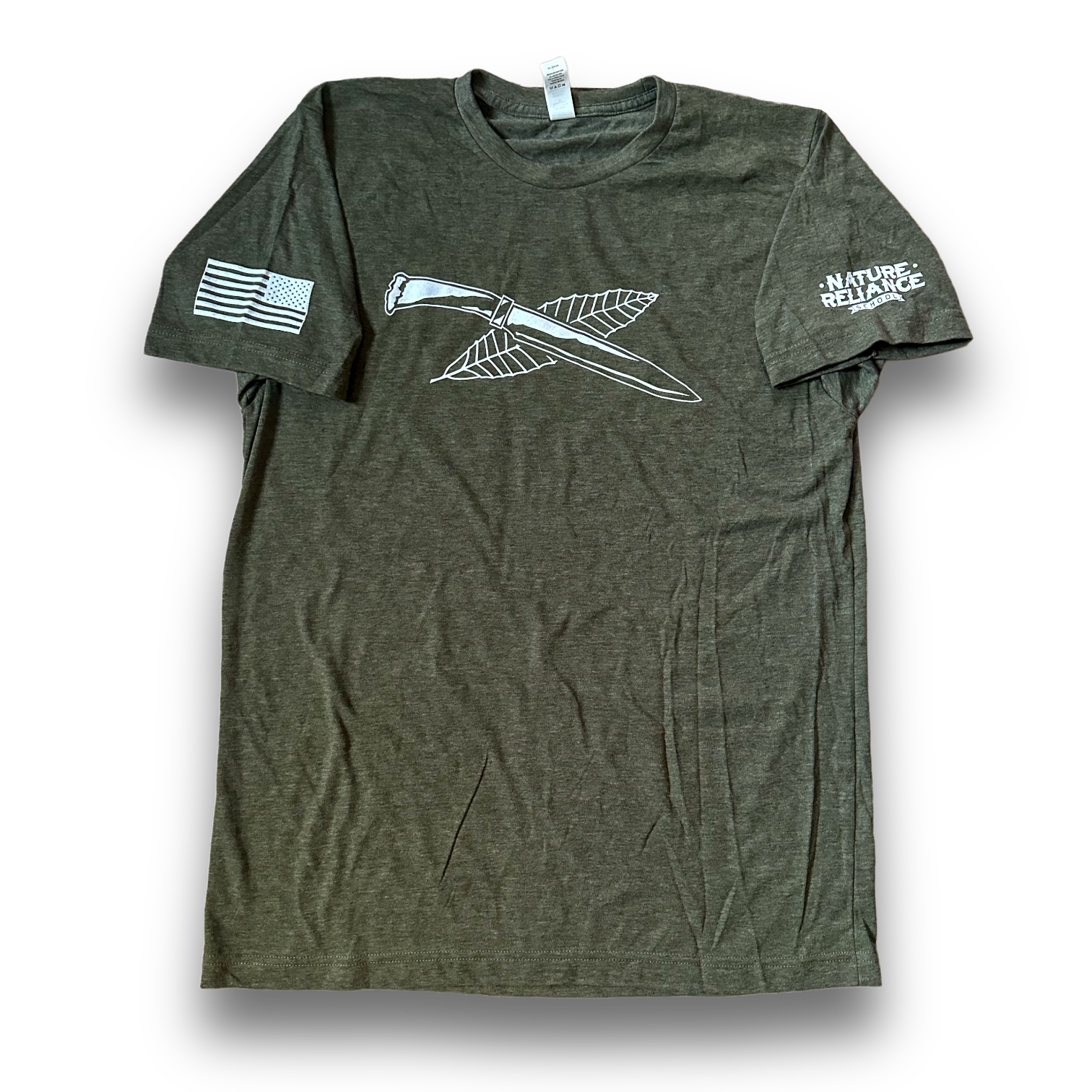Heather OD Green T-Shirt – A soft, breathable Nature Reliance School t-shirt in heather OD green, featuring a ribbed crewneck collar and durable stitching.