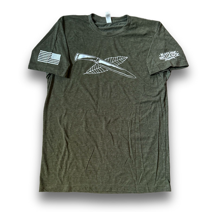 Heather OD Green T-Shirt – A soft, breathable Nature Reliance School t-shirt in heather OD green, featuring a ribbed crewneck collar and durable stitching.