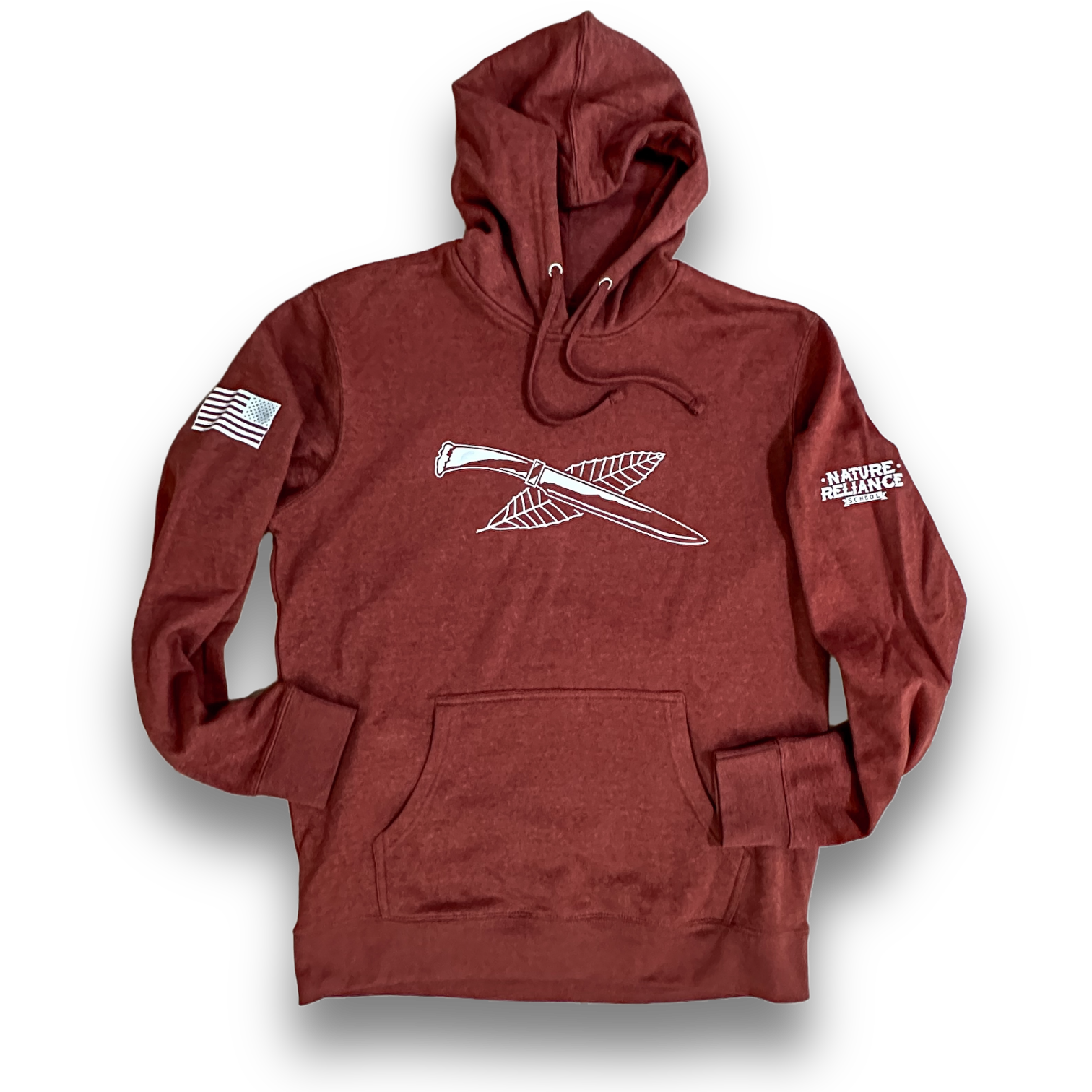 Rust-colored hoodie with jersey-lined hood and rib knit cuffs, made for warmth and durability.