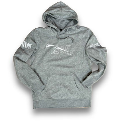 Gray fleece hoodie with a cotton/polyester blend, ideal for outdoor adventures and everyday wear.