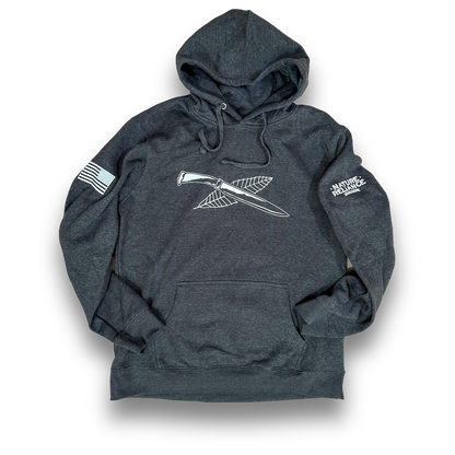 Charcoal fleece hoodie with premium comfort, tear-away label, and reinforced seams for outdoor wear.