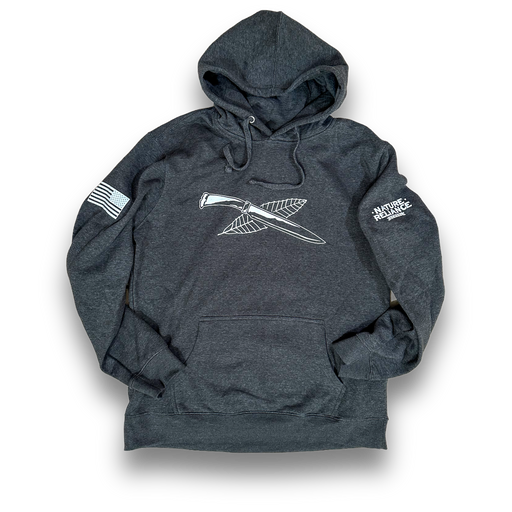 Charcoal fleece hoodie with premium comfort, tear-away label, and reinforced seams for outdoor wear.