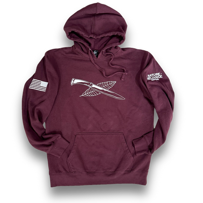 Maroon fleece hoodie by Nature Reliance School with soft cotton/poly blend, jersey-lined hood, and durable fit.