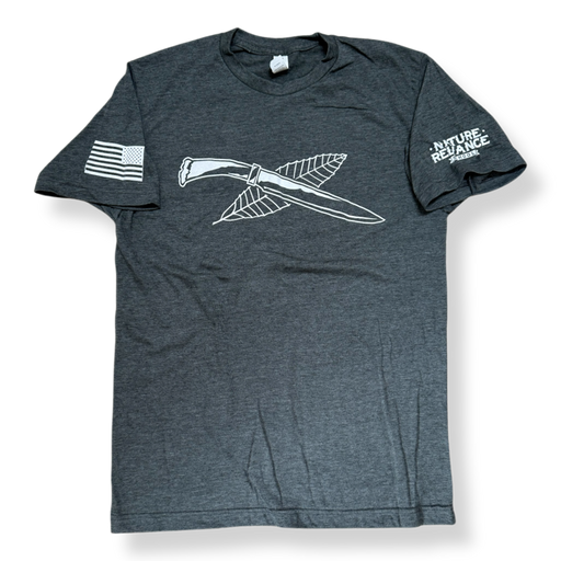 Dark Gray with White Screen Print T-Shirt – A dark gray Nature Reliance School t-shirt with crisp white screen printing, designed for high contrast and visibility.