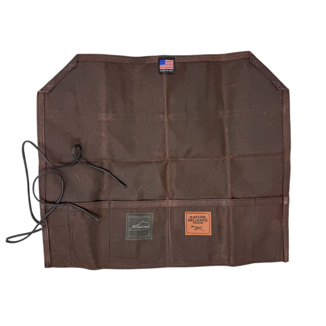 Handmade waxed canvas tool roll with six pockets, cordage closure, and rugged earth-tone colors—perfect for farmers, hunters, bushcrafters, and survivalists. Made in the USA by KY Handcrafted.